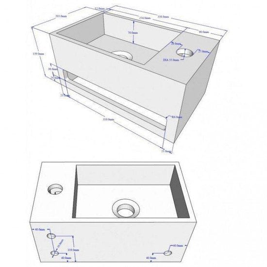 Diamond Line S.S Fonteinset Rechts met Handdoekhouder Mat Zwart Solid Surface Rechthoek 35.6x20.3x15.9cm Incl. Toiletkraan Clickwaste Sifon Chroom - Luxurysanitair