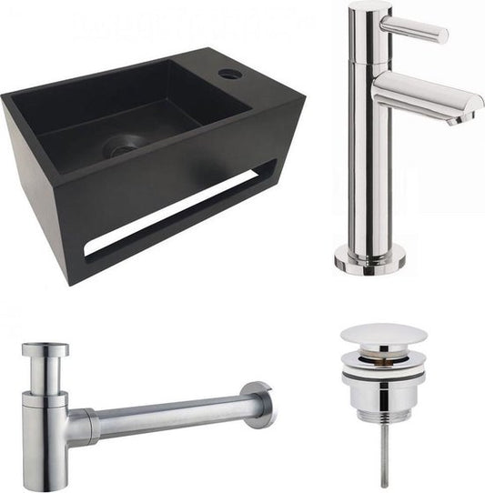 Diamond Line S.S. Fonteinset Rechts met Handdoekhouder Mat Zwart Solid Surface Rechthoek 35.6x20.3x15.9cm Incl. Toiletkraan Hendel Clickwaste Sifon Chroom - Luxurysanitair