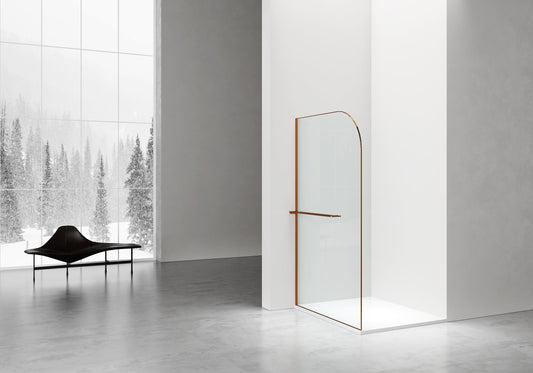 CURVY INLOOPDOUCHE MET HANDDOEKHOUDER - GEBOGEN - MET ANTI-KALKBEHANDELING - OMKEERBAAR - 8MM VEILIGHEIDSGLAS - 120X200CM - GEBORSTELD KOPER - GEBOGEN - HELDER GLAS