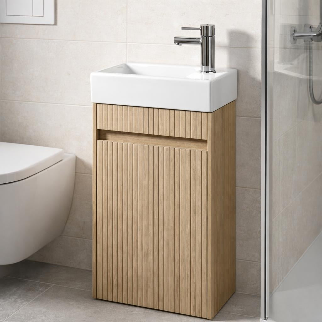 Toilet meubelset Eijkgrijs geribbeld incl. Chrome kraan, sifon en Chrome popup 40 x 22,5 x 63 (b x d x h)