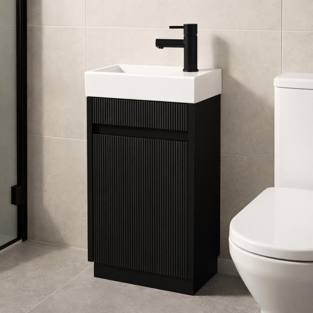 Toilet meubelset Mat zwart geribbeld incl. zwarte kraan, sifon en zwarte popup 40 x 22,5 x 63 (b x d x h)
