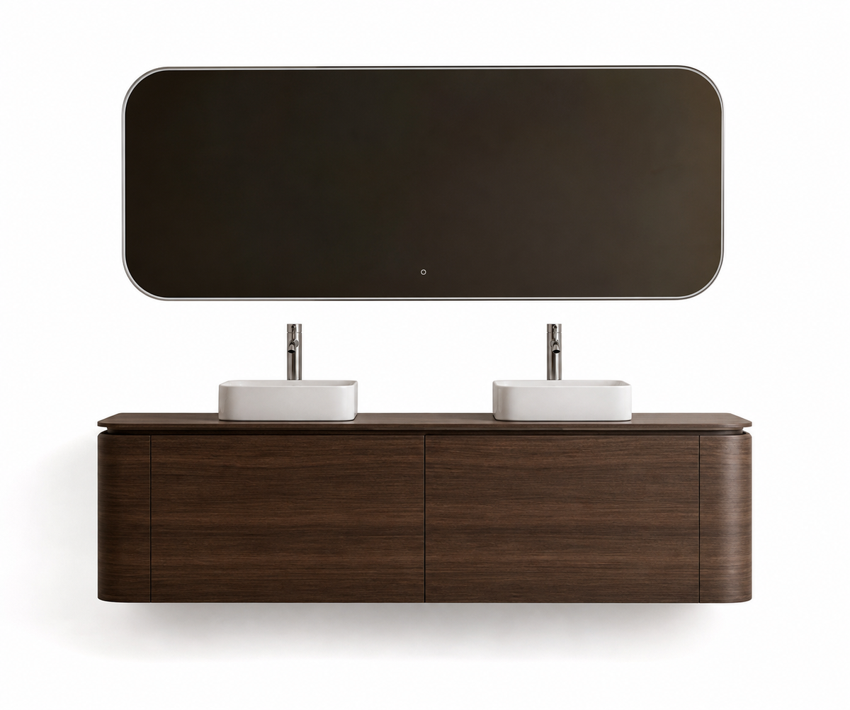 Badkamer Meubelset 119 x 49,5 x 48 incl. twee lavabo's 38 x 38 x 12 Donker walnoot ( CURVA)