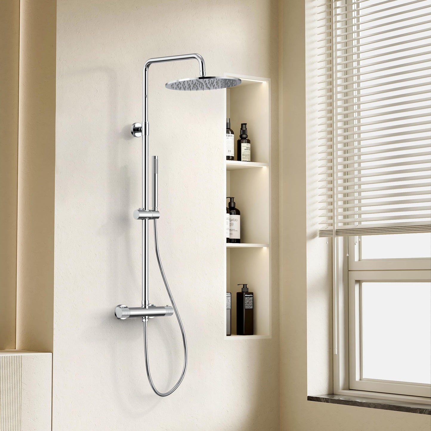 STRIA REGENDOUCHESET - THERMOSTATISCH - COOL TOUCH - HOOFDDOUCHE 30 CM - OPBOUW - KNOPPEN MET VERFIJNDE RIBBELSTRUCTUUR - CHROOM