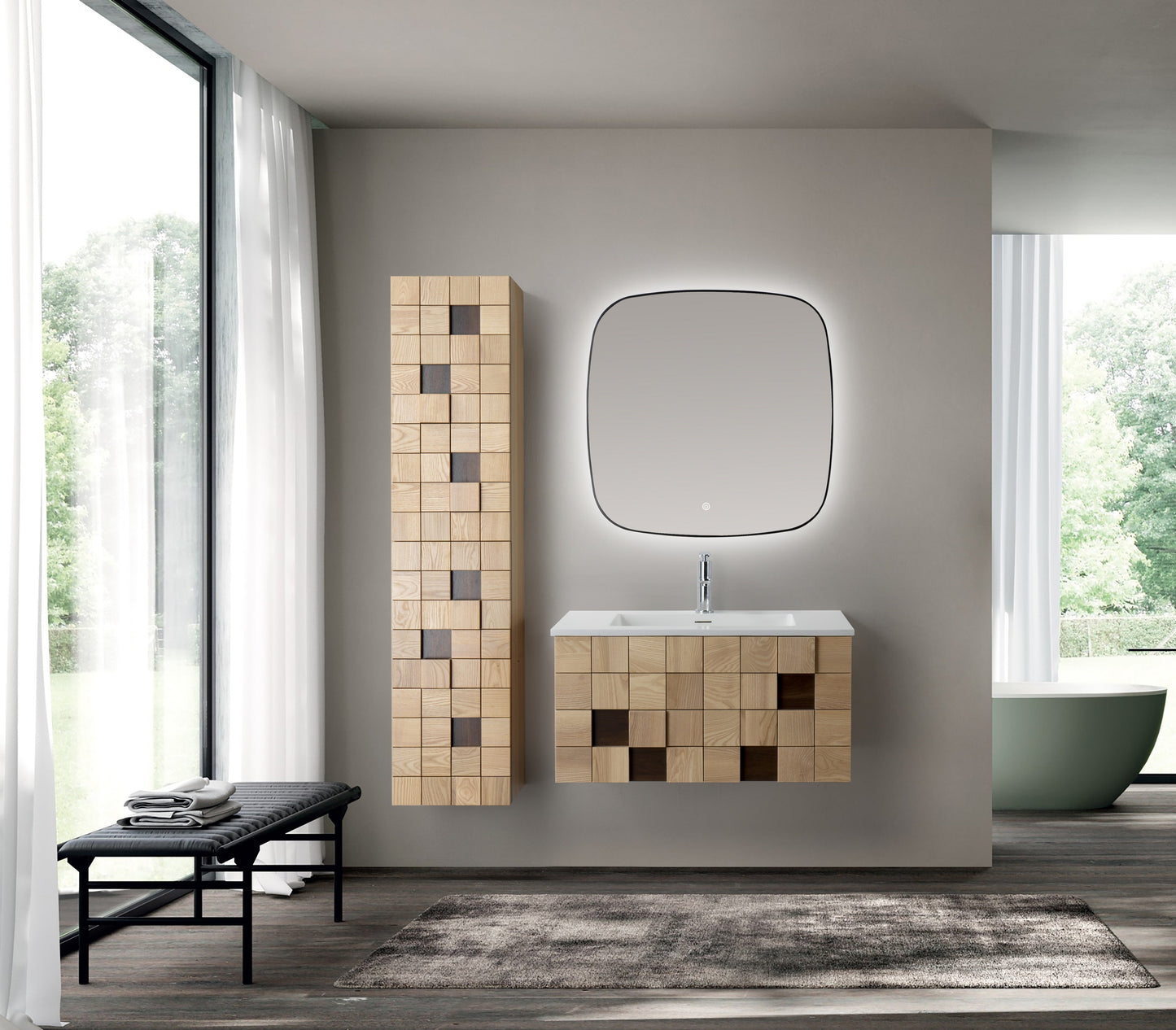 WONDA SQUARE SLIM WASTAFEL - 1 WASBAK - MET OVERLOOP - 1 KRAANGAT - KUNSTMARMER - 80X1,6X52,5 CM - MAT WIT