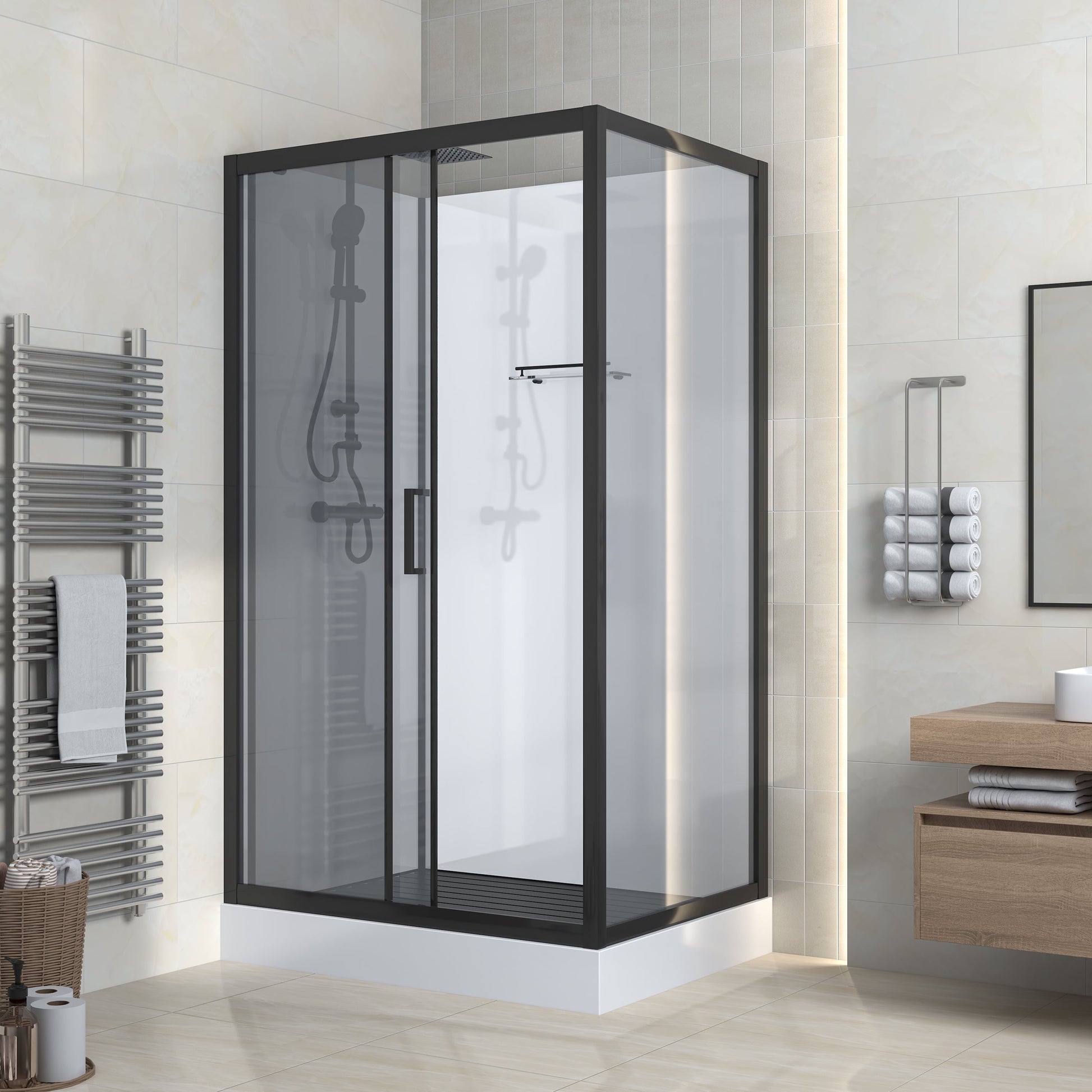 MARANI COMPLETE DOUCHECABINE MET SCHUIFDEUR - OMKEERBAAR - 110X225X80 CM - MAT ZWART - GRIJS ROOKGLAS