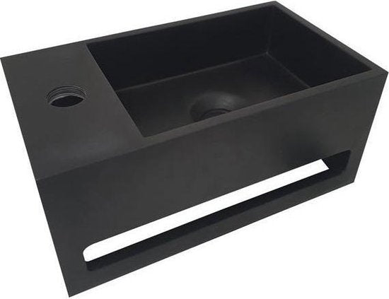 Diamond Line S.S Fonteinset Links met Handdoekhouder Mat Zwart Solid Surface Rechthoek 35.6x20.3x15.9cm Incl. Toiletkraan Clickwaste Sifon Geborsteld Goud - Luxurysanitair