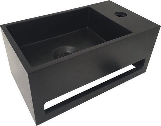 Diamond Line S.S. Fonteinset Rechts met Handdoekhouder Mat Zwart Solid Surface Rechthoek 35.6x20.3x15.9cm Incl. Toiletkraan Hendel Clickwaste Sifon Chroom - Luxurysanitair