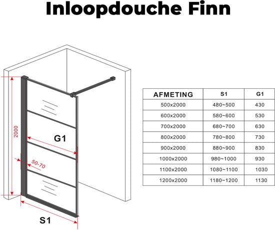 Diamond Line Finn Inloopdouche / Douchewand 120x200 Mat Zwart Profiel Helder Glas 8mm Veiligheidsglas - Luxurysanitair