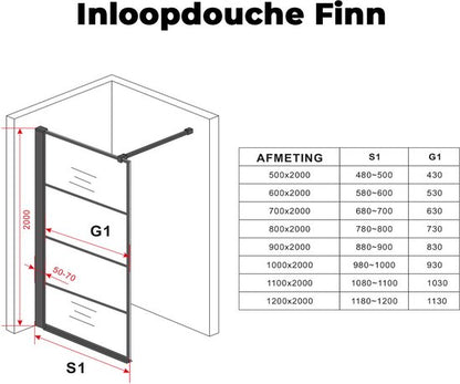 Diamond Line Finn Inloopdouche / Douchewand 120x200 Mat Zwart Profiel Helder Glas 8mm Veiligheidsglas - Luxurysanitair