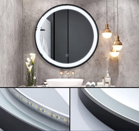 Badkamerspiegel met LED Verlichting en Verwarming Zwarte Rand 3 LED standen 80 x 80 CM Ronde Spiegel Dimbaar - Luxurysanitair
