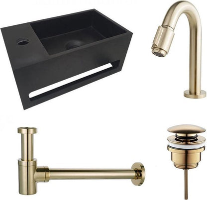 Diamond Line S.S Fonteinset Links met Handdoekhouder Mat Zwart Solid Surface Rechthoek 35.6x20.3x15.9cm Incl. Toiletkraan Clickwaste Sifon Geborsteld Goud - Luxurysanitair