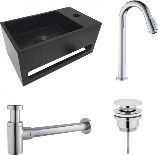 Diamond Line S.S Fonteinset Rechts met Handdoekhouder Mat Zwart Solid Surface Rechthoek 35.6x20.3x15.9cm Incl. Toiletkraan Clickwaste Sifon Chroom - Luxurysanitair