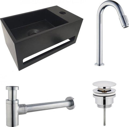 Diamond Line S.S Fonteinset Rechts met Handdoekhouder Mat Zwart Solid Surface Rechthoek 35.6x20.3x15.9cm Incl. Toiletkraan Clickwaste Sifon Chroom - Luxurysanitair