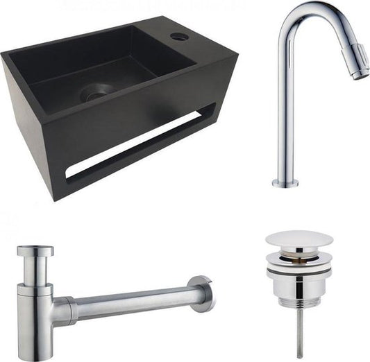 Diamond Line S.S Fonteinset Rechts met Handdoekhouder Mat Zwart Solid Surface Rechthoek 35.6x20.3x15.9cm Incl. Toiletkraan Clickwaste Sifon Chroom - Luxurysanitair