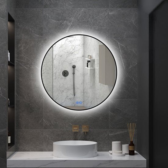 Badkamerspiegel met LED verlichting en Verwarming - Zwarte Rand - 3 LED standen - 60 x 60 CM - Ronde Spiegel - Luxurysanitair