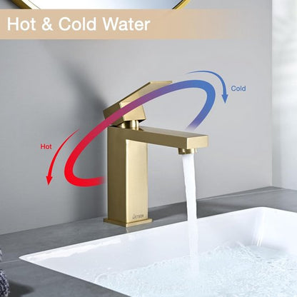 Badkamerkraan Goud Wastafelkranen met Geluidsarme Keramische Ventielkern Wastafelkraan Koud en Warm Water Eéngreepsmengkraan Badkamerkraan Geborsteld Goud - Luxurysanitair