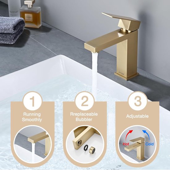 Badkamerkraan Goud Wastafelkranen met Geluidsarme Keramische Ventielkern Wastafelkraan Koud en Warm Water Eéngreepsmengkraan Badkamerkraan Geborsteld Goud - Luxurysanitair