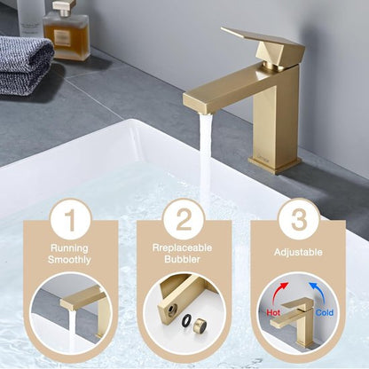 Badkamerkraan Goud Wastafelkranen met Geluidsarme Keramische Ventielkern Wastafelkraan Koud en Warm Water Eéngreepsmengkraan Badkamerkraan Geborsteld Goud - Luxurysanitair