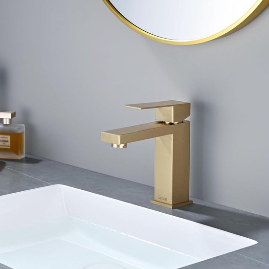 Badkamerkraan Goud Wastafelkranen met Geluidsarme Keramische Ventielkern Wastafelkraan Koud en Warm Water Eéngreepsmengkraan Badkamerkraan Geborsteld Goud - Luxurysanitair