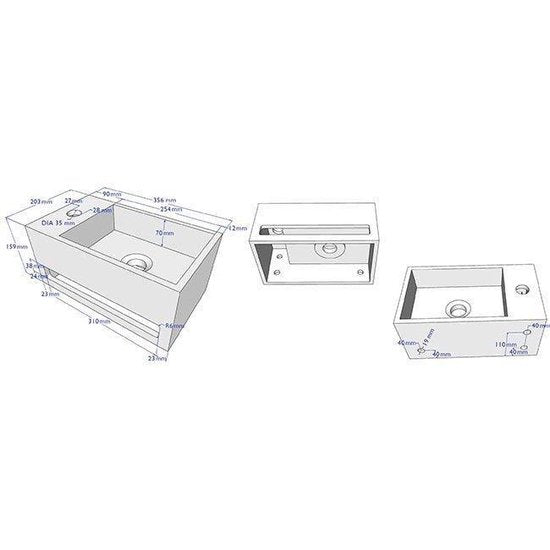 Diamond Line S.S Fonteinset Links met Handdoekhouder Mat Zwart Solid Surface Rechthoek 35.6x20.3x15.9cm Incl. Toiletkraan Clickwaste Sifon Geborsteld Goud - Luxurysanitair