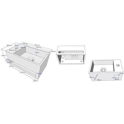 Diamond Line S.S Fonteinset Links met Handdoekhouder Mat Zwart Solid Surface Rechthoek 35.6x20.3x15.9cm Incl. Toiletkraan Clickwaste Sifon Geborsteld Goud - Luxurysanitair