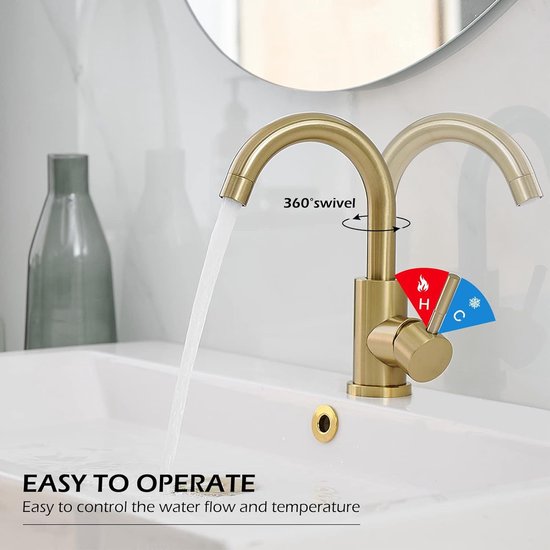 Wastafel Kraan  360° Draaibare Mengkraan RVS Goud - Luxurysanitair