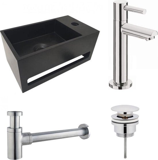 Diamond Line S.S. Fonteinset Rechts met Handdoekhouder Mat Zwart Solid Surface Rechthoek 35.6x20.3x15.9cm Incl. Toiletkraan Hendel Clickwaste Sifon Chroom - Luxurysanitair