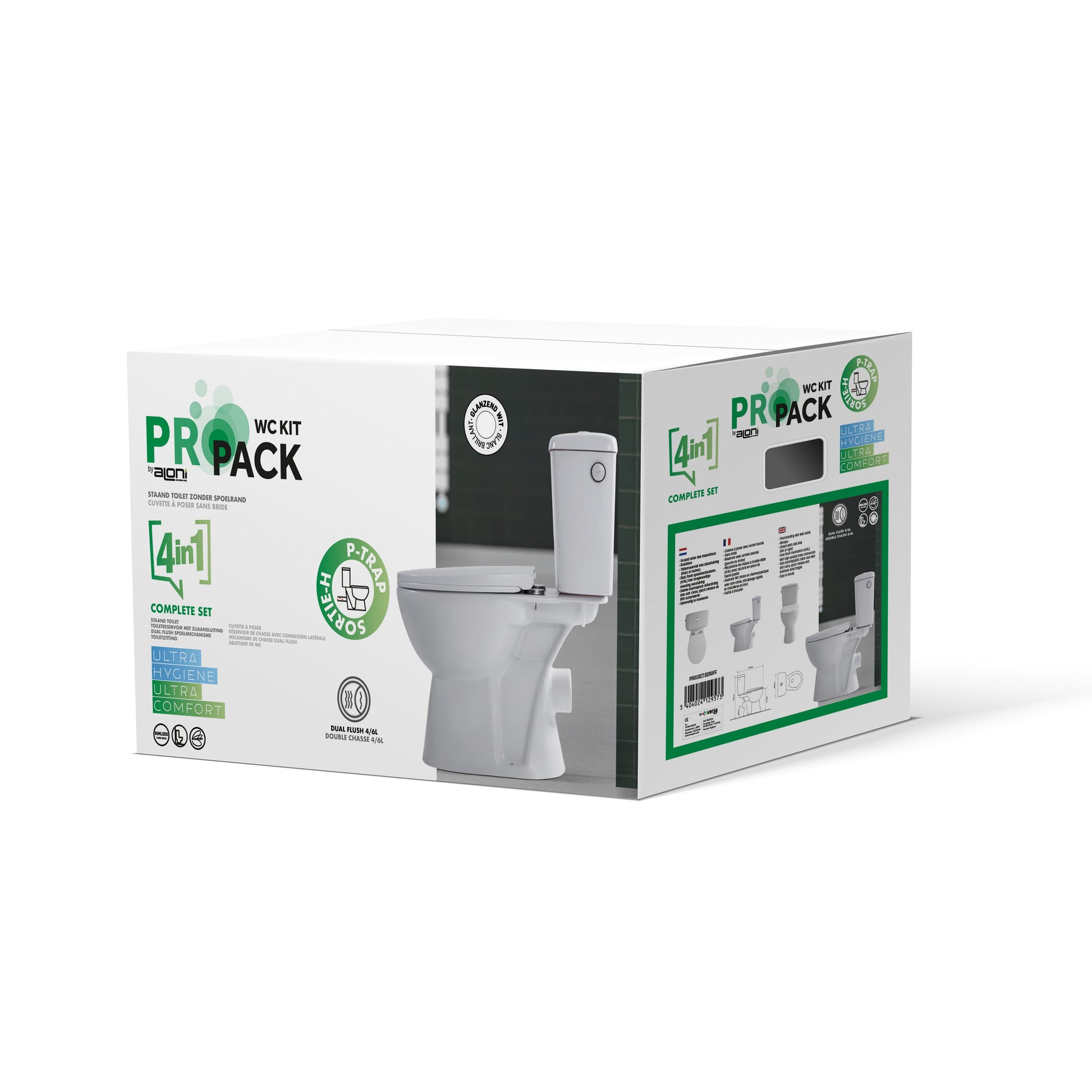 ALONI PRO DUOBLOK - STAAND TOILET - RANDLOOS - P-TRAP - MUURUITLAAT - MET RESERVOIR - MET SPOELMECHANISME - DUBBELE SPOELFUNCTIE 4/6L - MET ZITTING - SOFTCLOSE - QUICK RELEASE - 39X73X67 CM - WIT