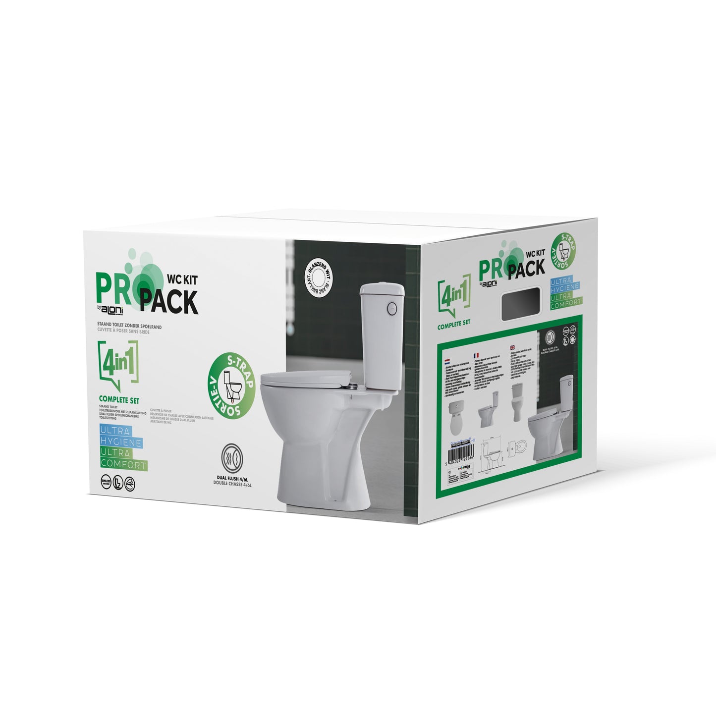ALONI PRO DUOBLOK - STAAND TOILET - RANDLOOS - S-TRAP - VLOERUITLAAT - MET RESERVOIR - MET SPOELMECHANISME - DUBBELE SPOELFUNCTIE 4/6L - MET ZITTING - SOFTCLOSE - QUICK RELEASE - 39X73X67 CM - WIT