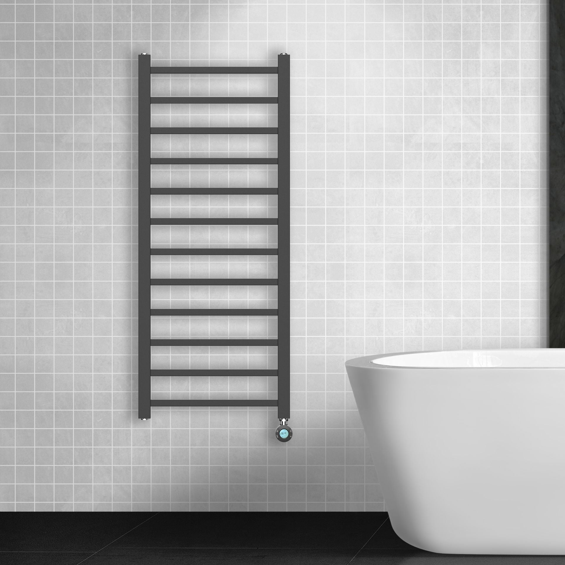 Belrad Elektrische Handdoekdroger Met Digitale Programeerbare Thermostaat Aansluiting Rechts 551W - 1600x500mm - Luxurysanitair