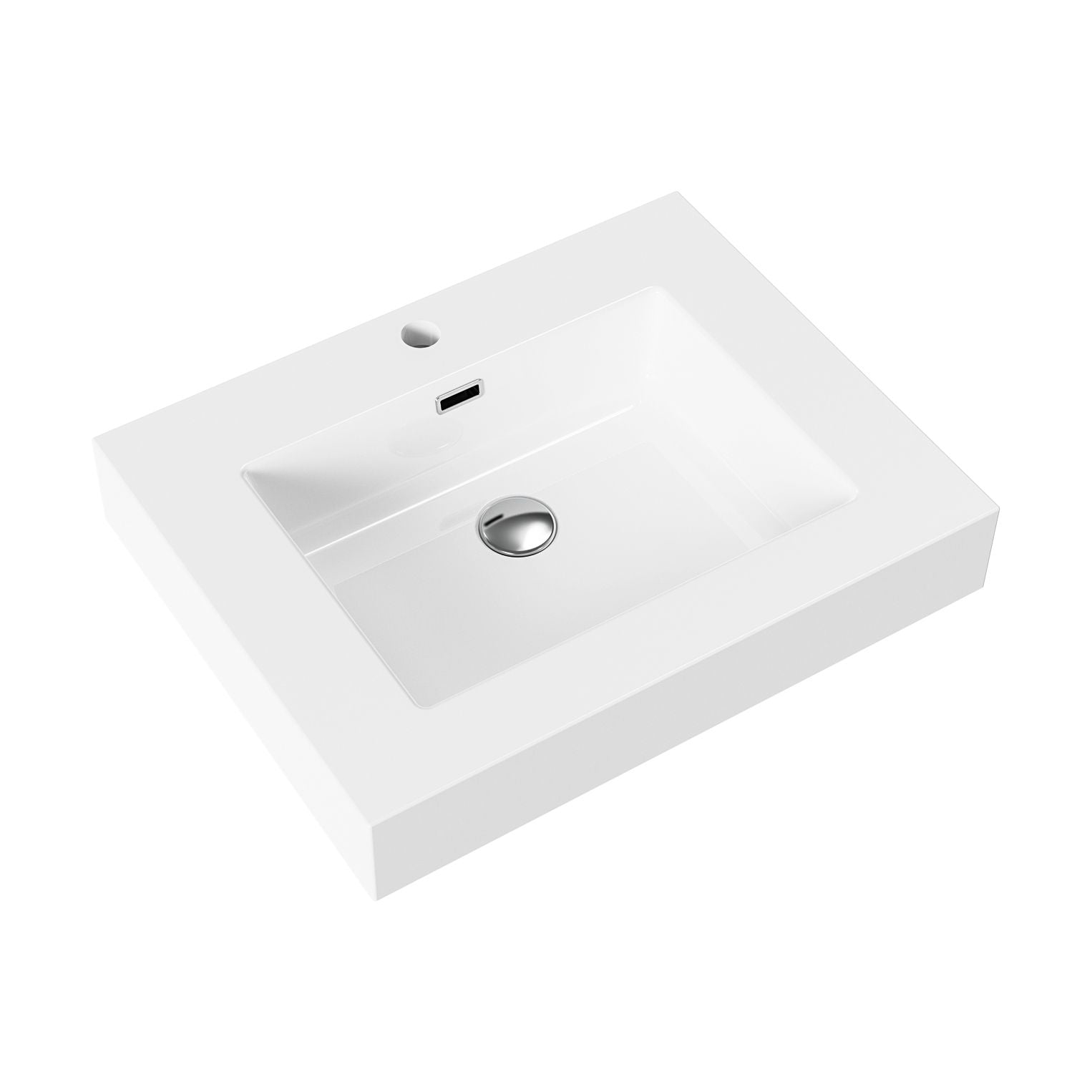 Aloni Wastafel 1 Wasbak Overloop 1 Kraangaten Kunstmarmer 60x10x46cm - Glanzend Wit - Luxurysanitair