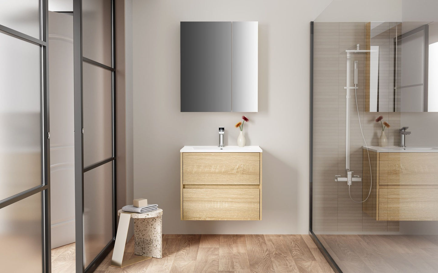 Hayat Spiegelkast 2 Assymetrische, 4 in Hoogte Verstelbare Legplanken - 60x70x15cm - Luxurysanitair