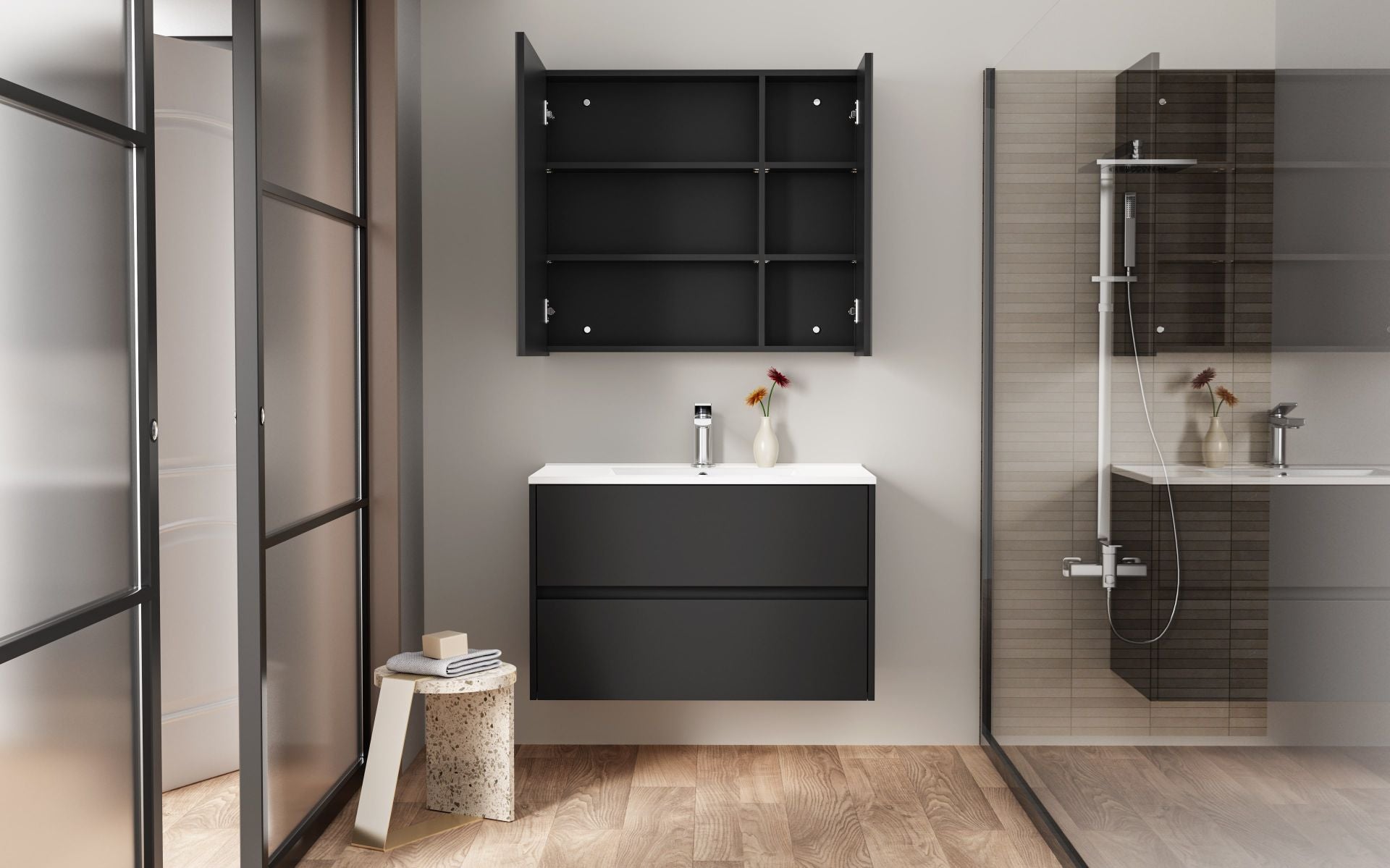 Hayat Spiegelkast 2 Assymetrische, 4 in Hoogte Verstelbare Legplanken - 80x70x15cm - Luxurysanitair