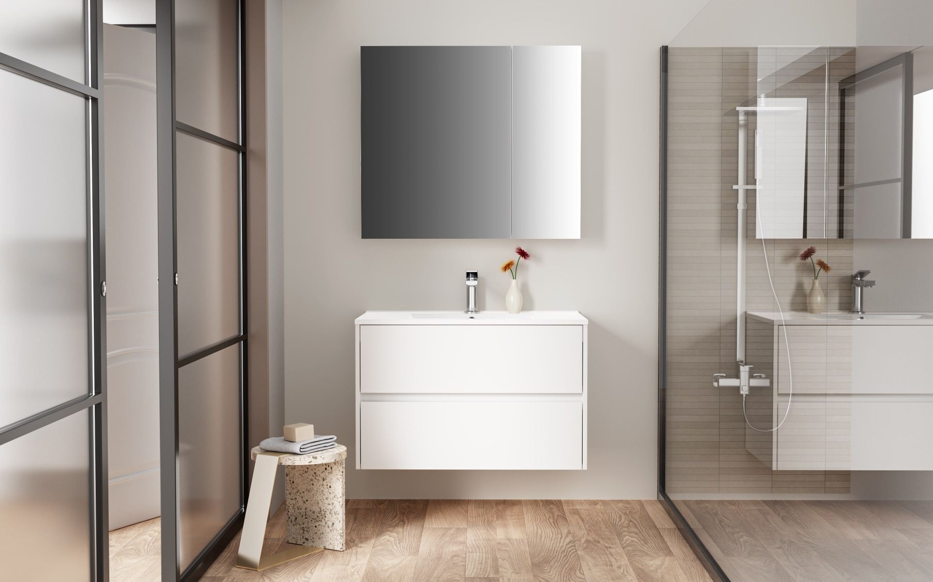 Hayat Spiegelkast 2 Assymetrische, 4 in Hoogte Verstelbare Legplanken - 80x70x15cm - Luxurysanitair