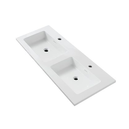 Wonda Square Slim Wastafel 2 Wasbakken 2 Kraangaten Kunstmarmer 120x1,6x52,5cm - Mat Wit - Luxurysanitair