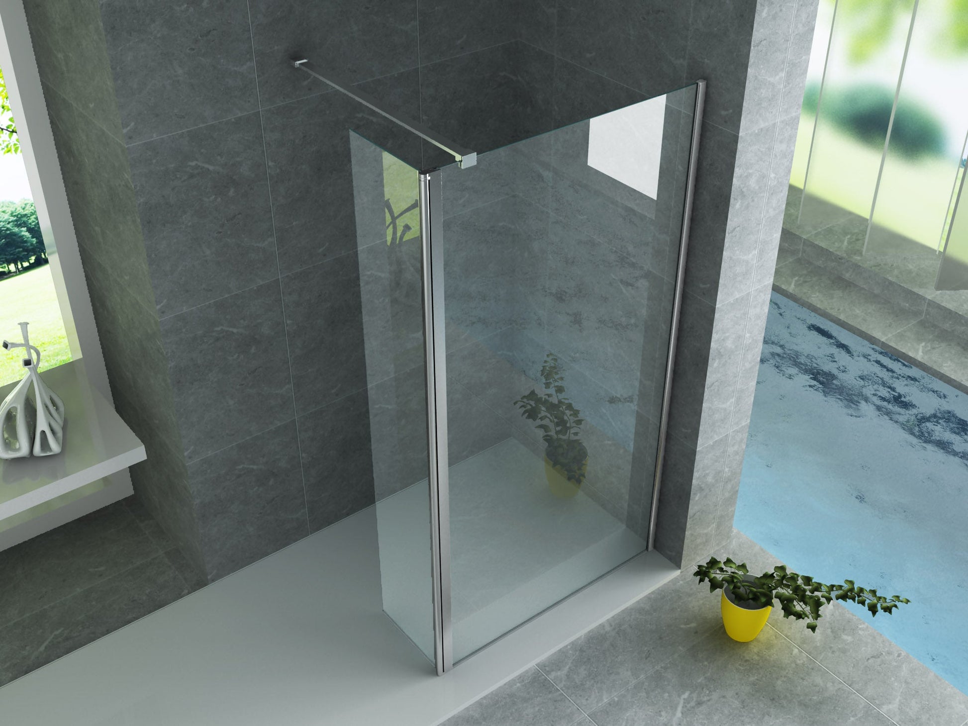 ALONI ZIJWAND MET VERBINDINGSPROFIEL VOOR INLOOPDOUCHE - DRAAIBAAR - 300 X 2000MM - CHROOM - HELDER GLAS