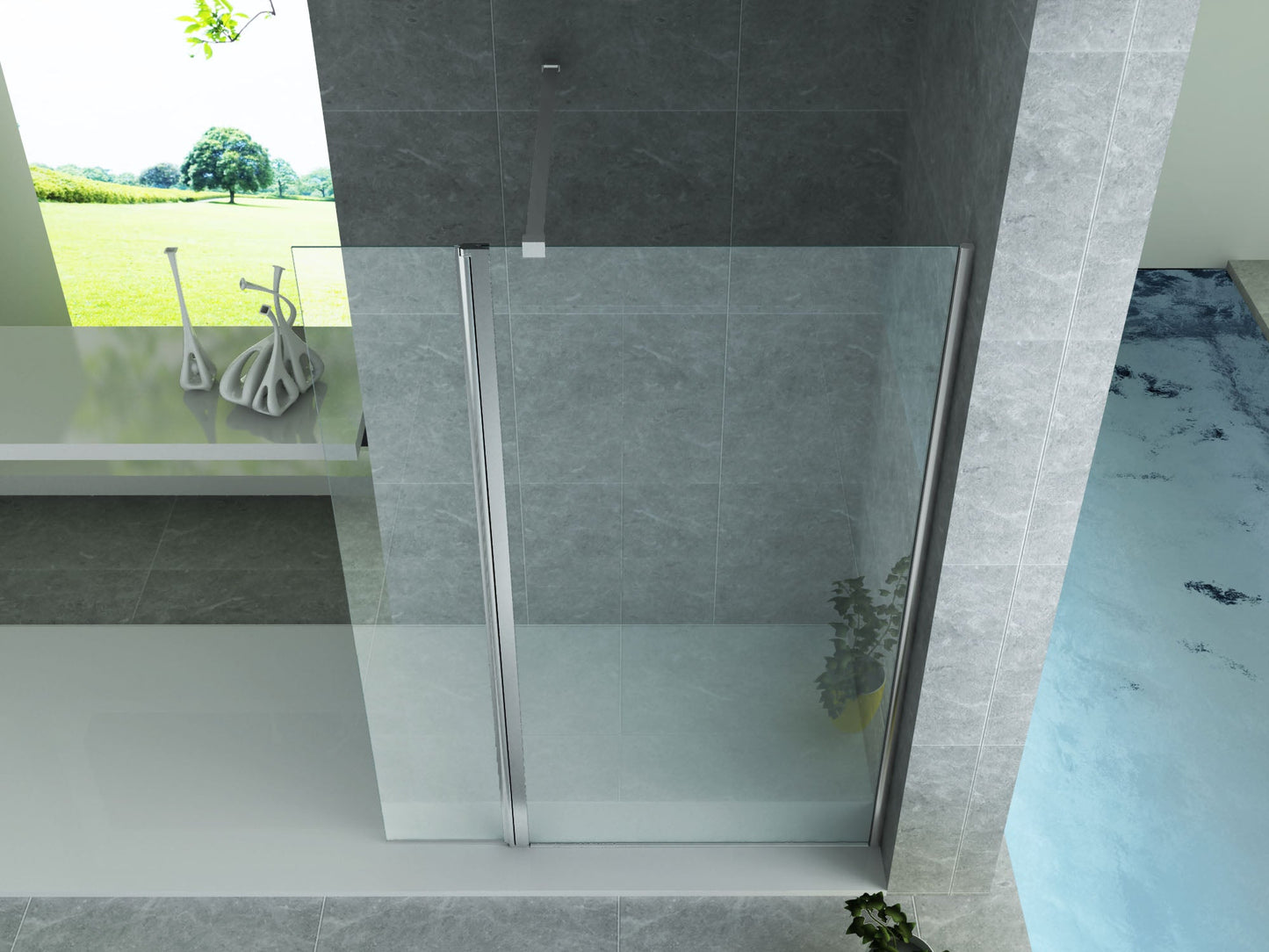 ALONI ZIJWAND MET VERBINDINGSPROFIEL VOOR INLOOPDOUCHE - DRAAIBAAR - 300 X 2000MM - CHROOM - HELDER GLAS
