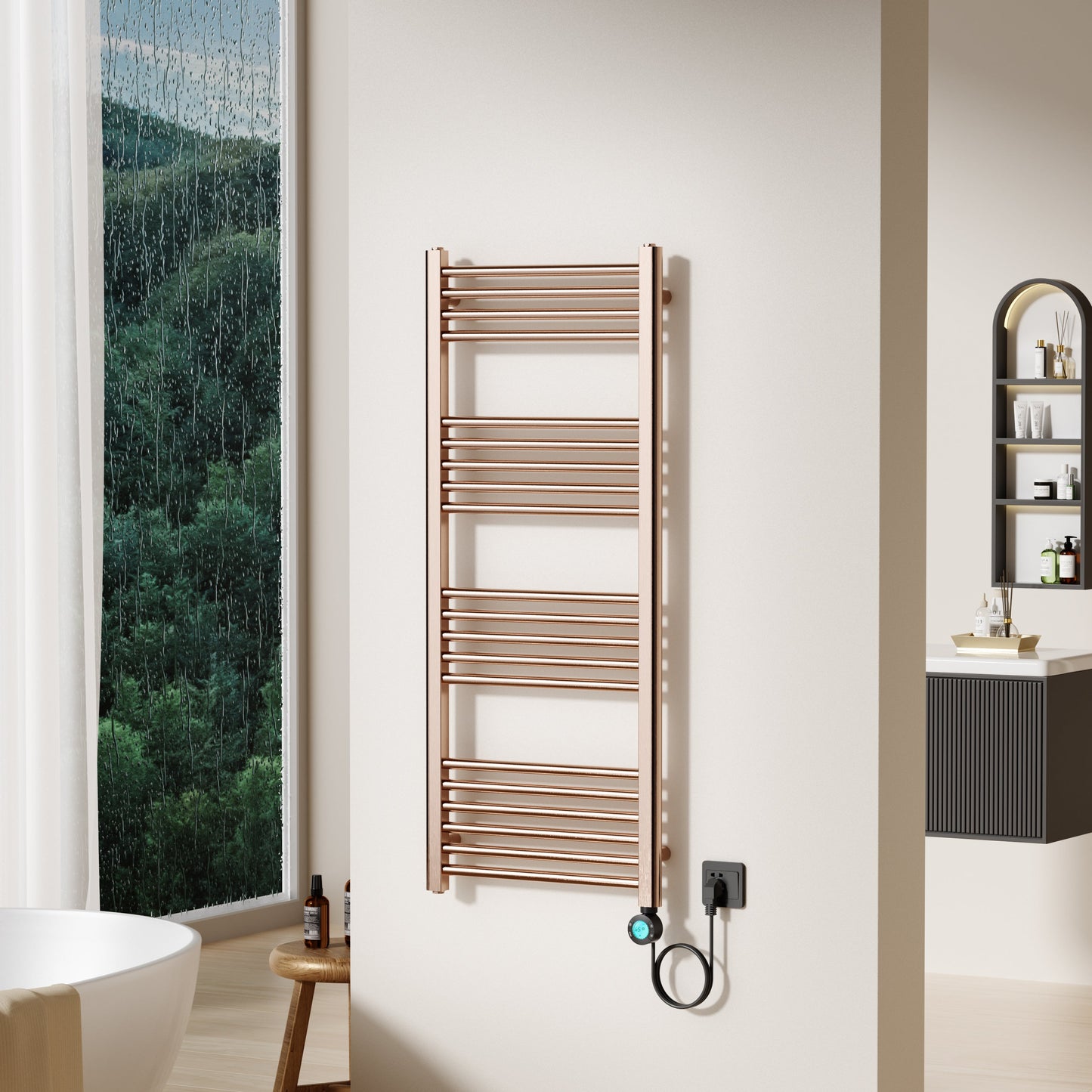 BELRAD ELEKTRISCHE HANDDOEKDROGER - MET DIGITALE, PROGRAMEERBARE THERMOSTAAT - SMART WIFI - AANSLUITING RECHTS - 700W - 1200X500 MM - GEBORSTELD KOPER