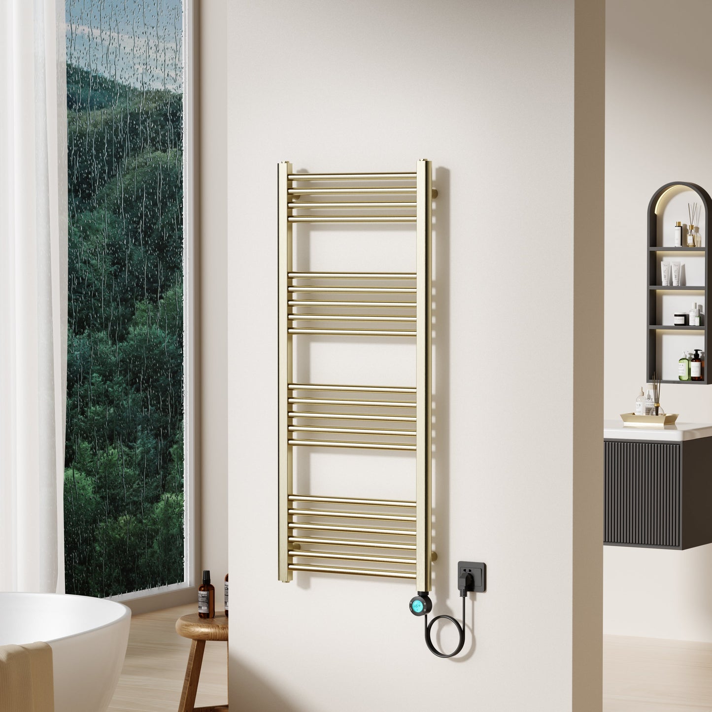 BELRAD ELEKTRISCHE HANDDOEKDROGER - MET DIGITALE, PROGRAMEERBARE THERMOSTAAT - SMART WIFI - AANSLUITING RECHTS - 700W - 1200X500 MM - GEBORSTELD GOUD