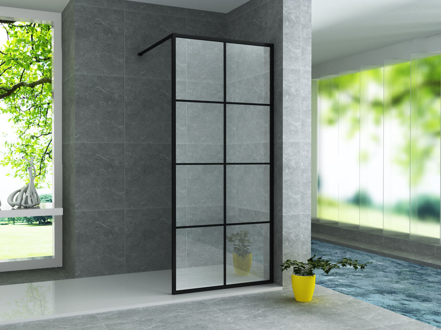 ALONI INLOOPDOUCHE MET RASTER DECOR - 1400 X 2000MM - MAT ZWART - HELDER GLAS