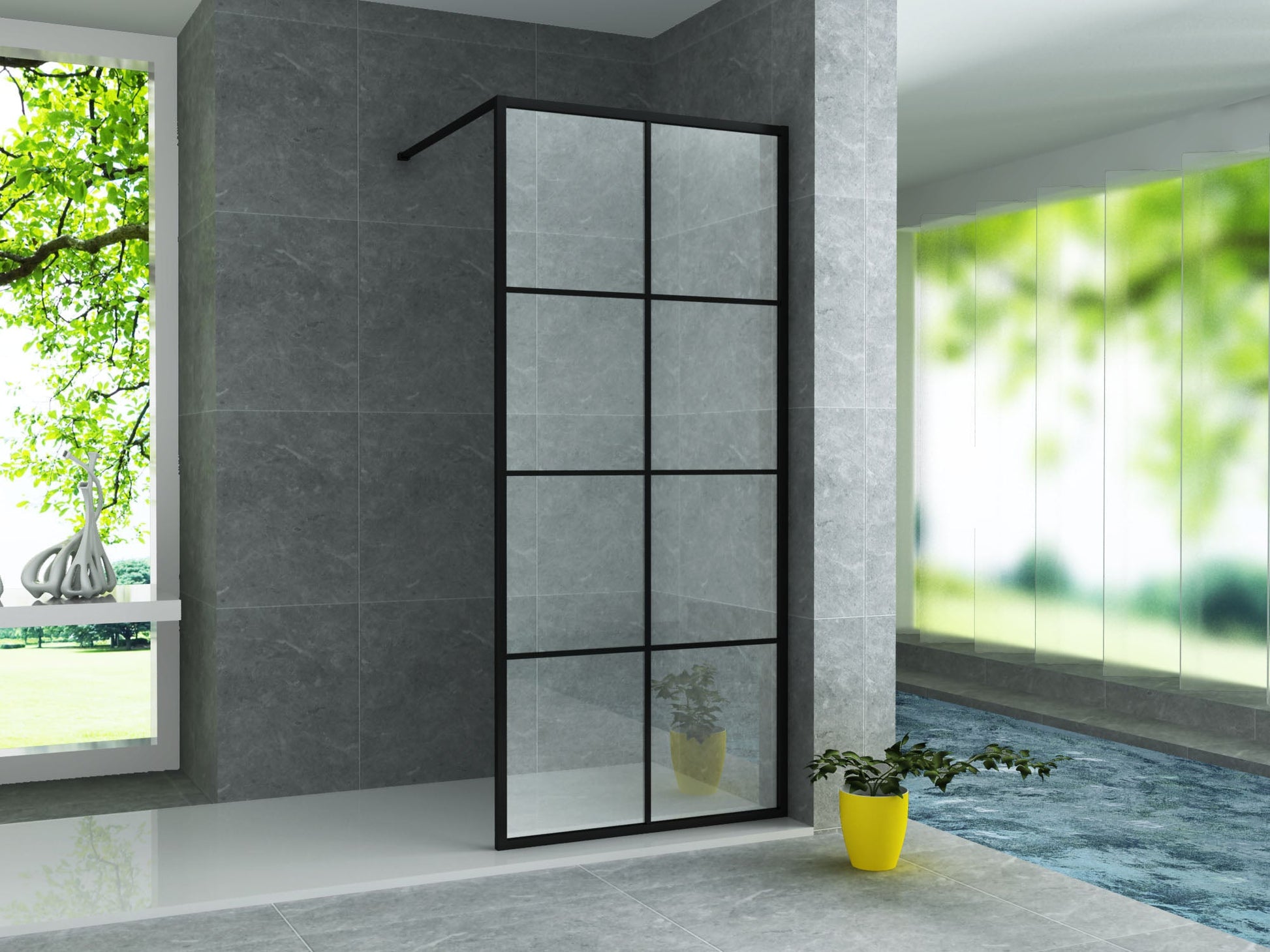 ALONI INLOOPDOUCHE MET RASTER DECOR - 900 X 2000MM - MAT ZWART - HELDER GLAS