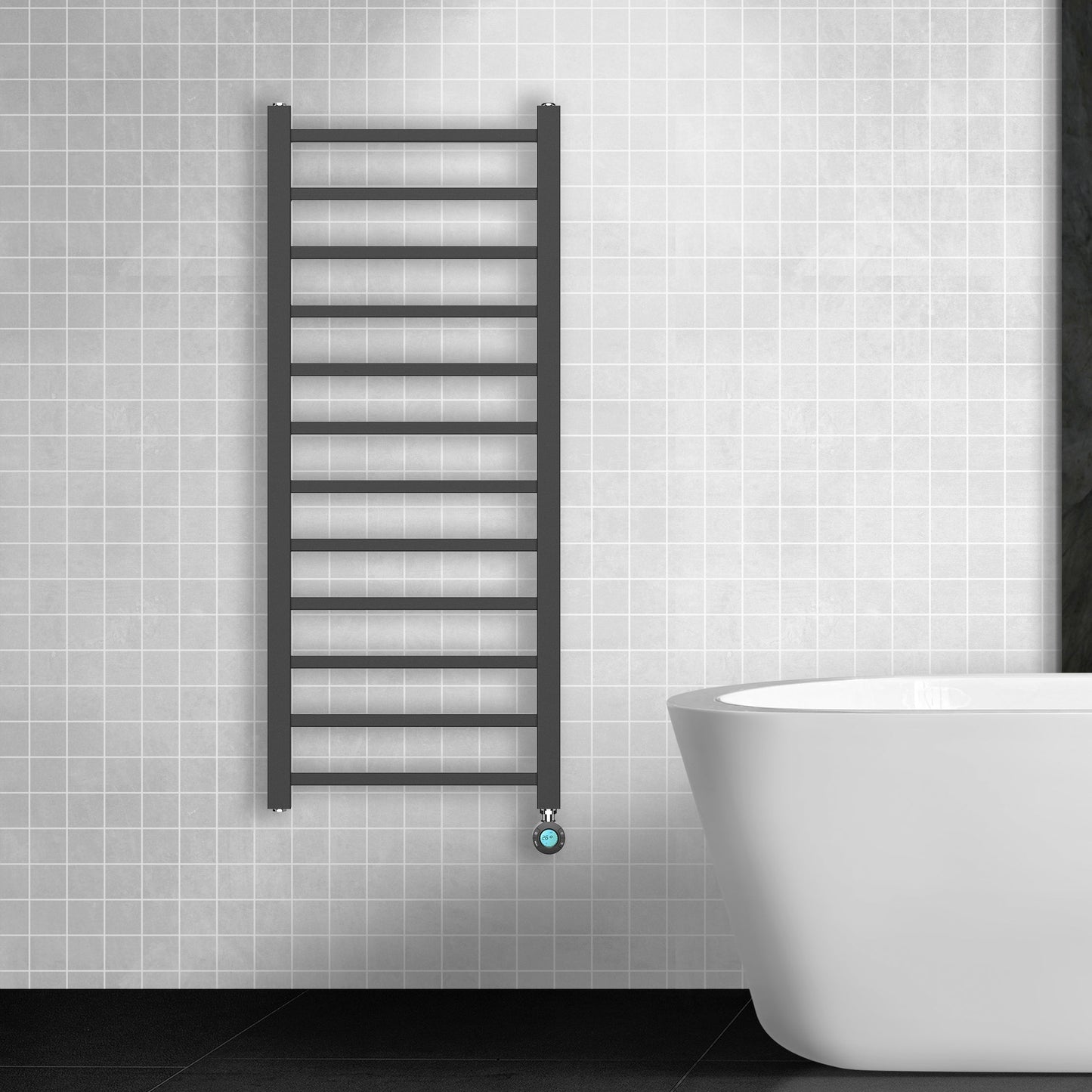 BELRAD ELEKTRISCHE HANDDOEKDROGER - MET DIGITALE, PROGRAMEERBARE THERMOSTAAT - AANSLUITING RECHTS - 413W - 1200X500 MM - MAT ZWART