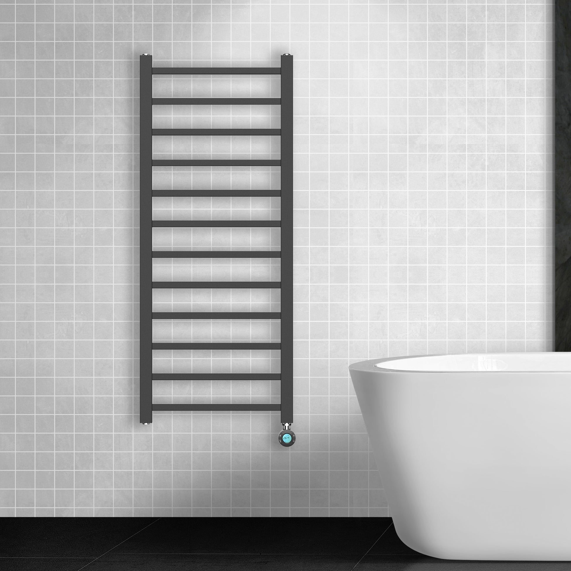 BELRAD ELEKTRISCHE HANDDOEKDROGER - MET DIGITALE, PROGRAMEERBARE THERMOSTAAT - AANSLUITING RECHTS - 413W - 1200X500 MM - MAT ZWART
