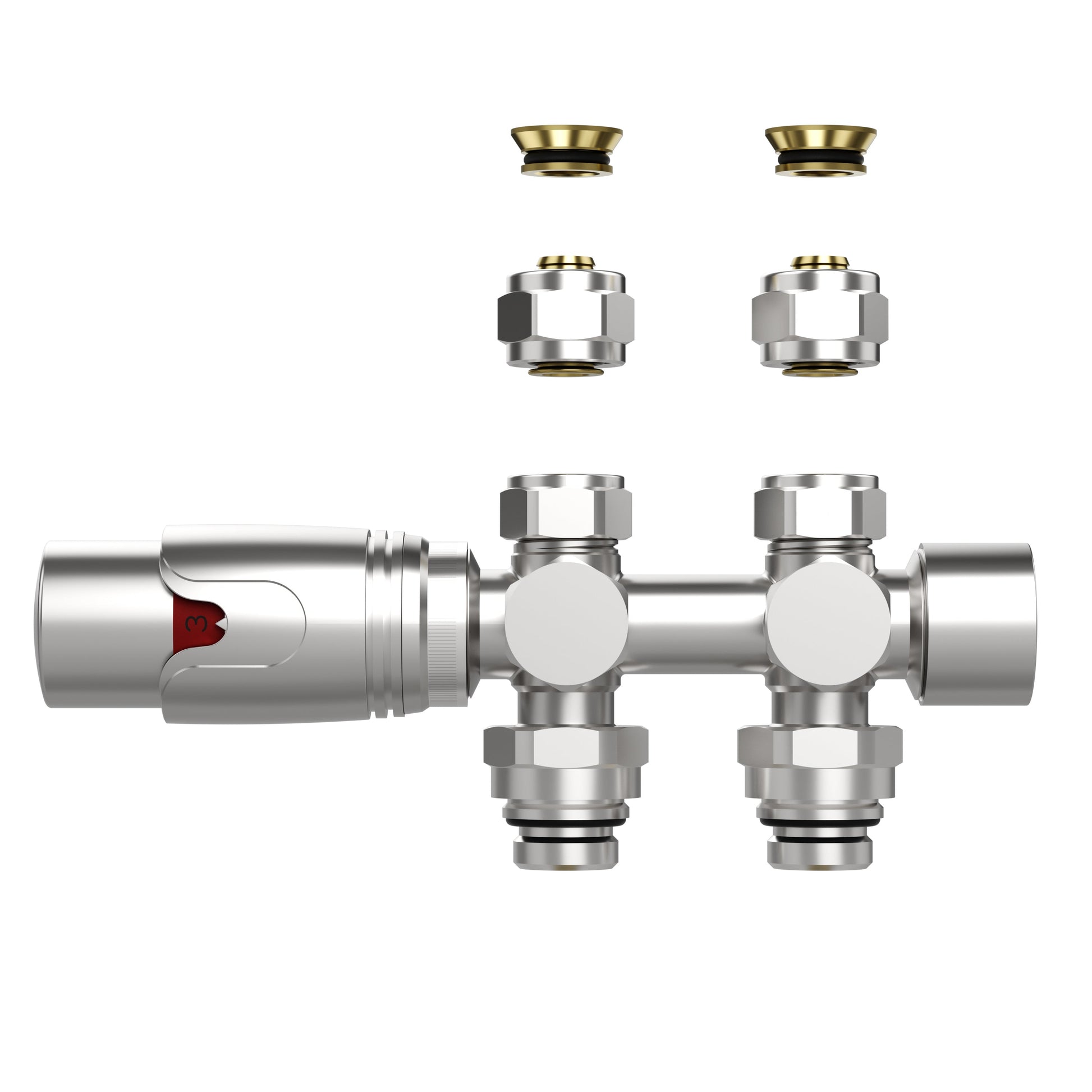 BELRAD RADIATORKRAAN - DESIGN - THERMOSTATISCH - MIDDENAANSLUITING - MUUR-EN VLOERAANSLUITING - GEBORSTELD RVS