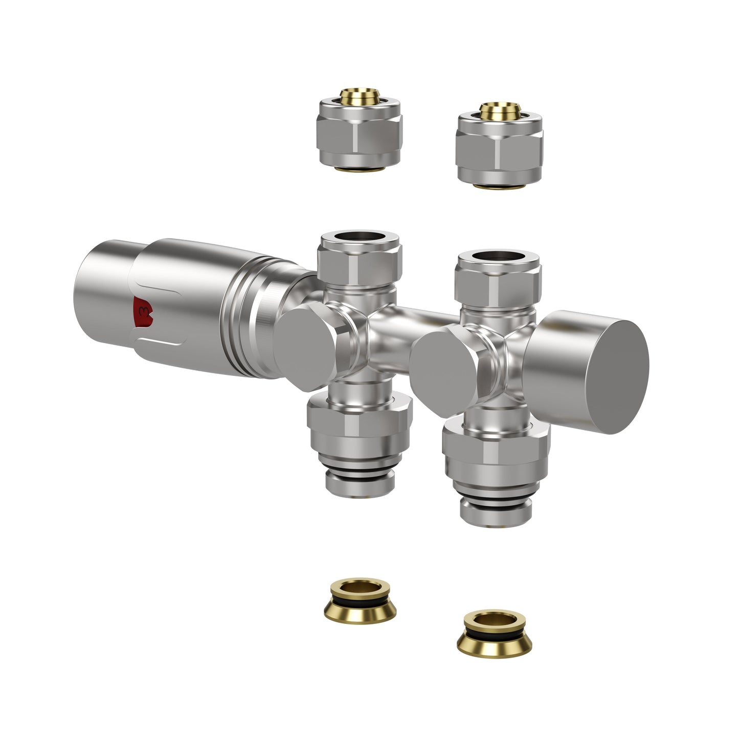 BELRAD RADIATORKRAAN - DESIGN - THERMOSTATISCH - MIDDENAANSLUITING - MUUR-EN VLOERAANSLUITING - GEBORSTELD RVS