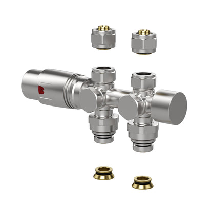 BELRAD RADIATORKRAAN - DESIGN - THERMOSTATISCH - MIDDENAANSLUITING - MUUR-EN VLOERAANSLUITING - GEBORSTELD RVS