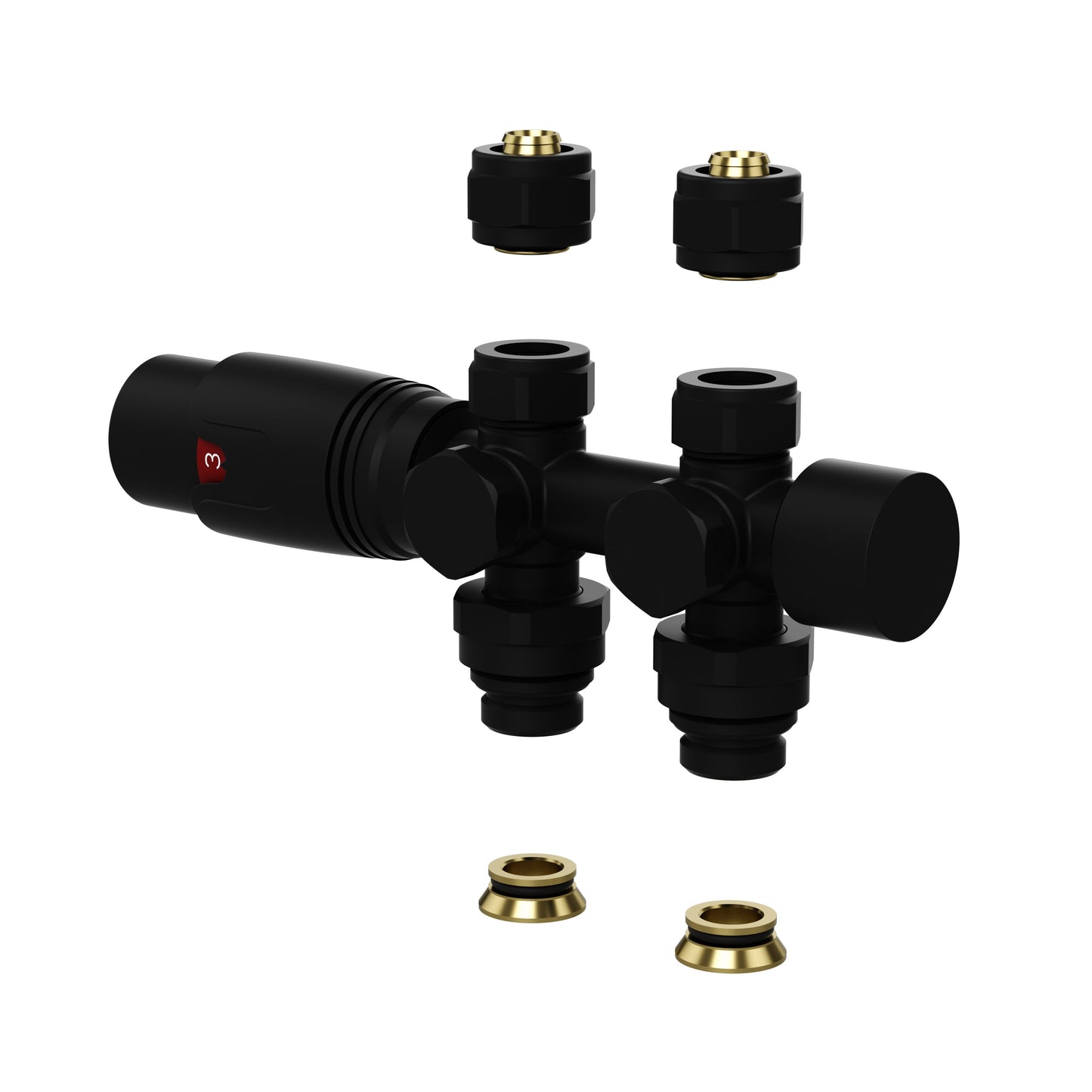 BELRAD RADIATORKRAAN - DESIGN - THERMOSTATISCH - MIDDENAANSLUITING - MUUR-EN VLOERAANSLUITING - MAT ZWART
