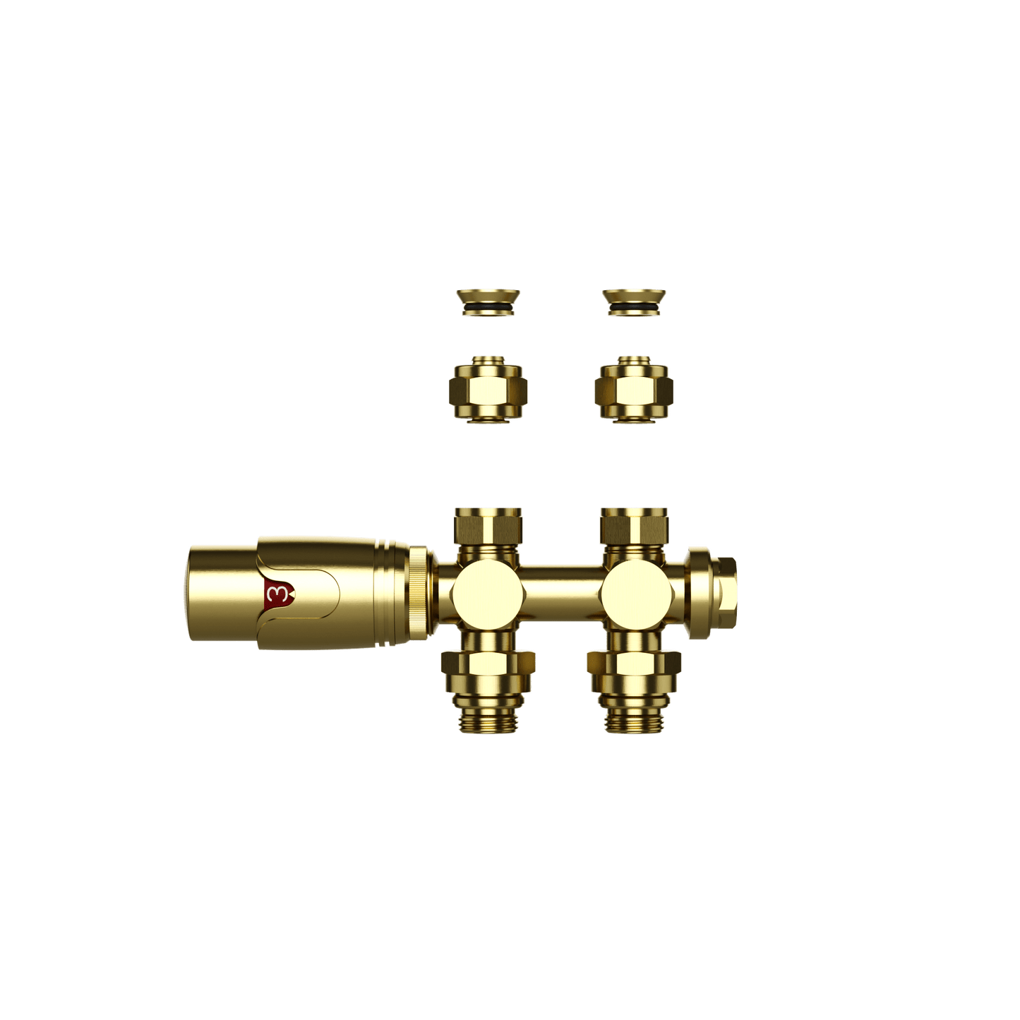 BELRAD RADIATORKRAAN - DESIGN - THERMOSTATISCH - MIDDENAANSLUITING - MUUR-EN VLOERAANSLUITING - GEBORSTELD GOUD