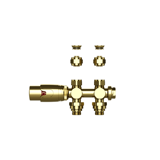 BELRAD RADIATORKRAAN - DESIGN - THERMOSTATISCH - MIDDENAANSLUITING - MUUR-EN VLOERAANSLUITING - GEBORSTELD GOUD
