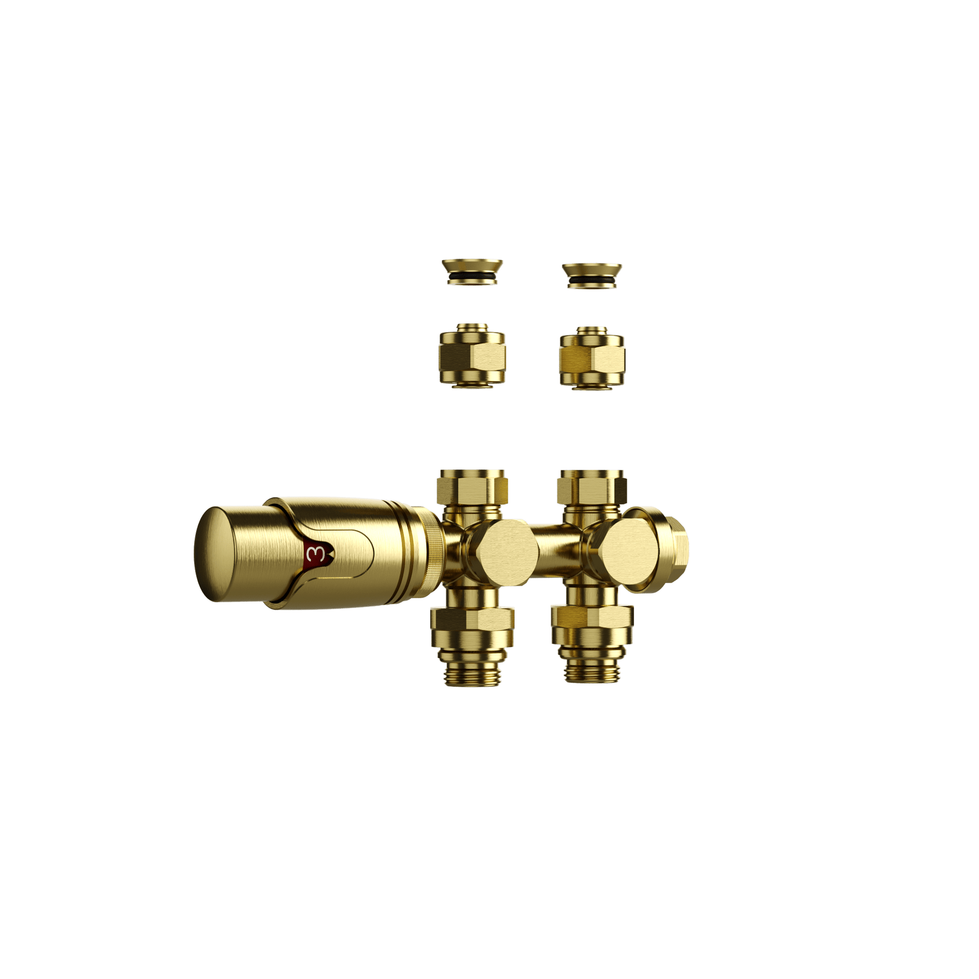 BELRAD RADIATORKRAAN - DESIGN - THERMOSTATISCH - MIDDENAANSLUITING - MUUR-EN VLOERAANSLUITING - GEBORSTELD GOUD